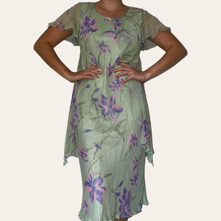 Mint Floral 100% Silk Dress With Matching Scarf image 4