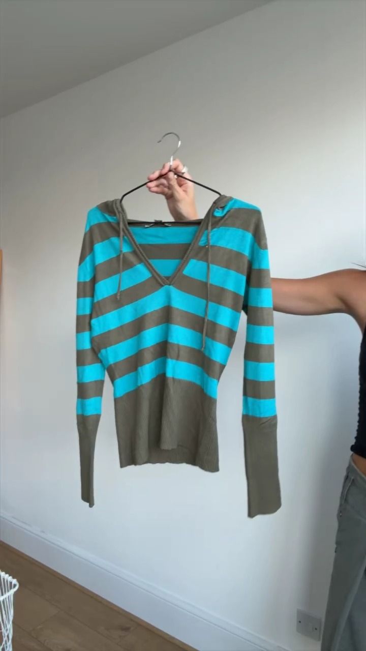 Kimchi Blue khaki and blue striped hooded knit top size M also would fit an L  product image
