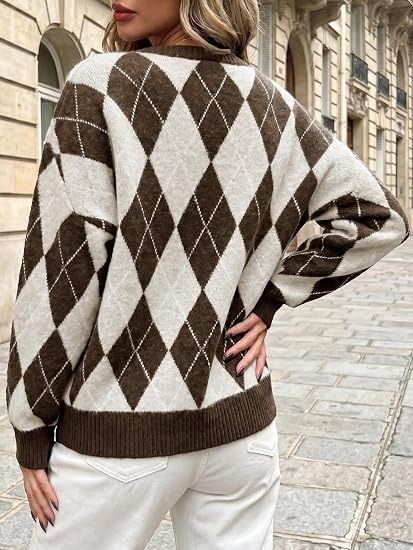 Brown And Beige Argyle Knit Sweater image 3