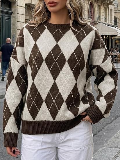 Brown And Beige Argyle Knit Sweater image 4
