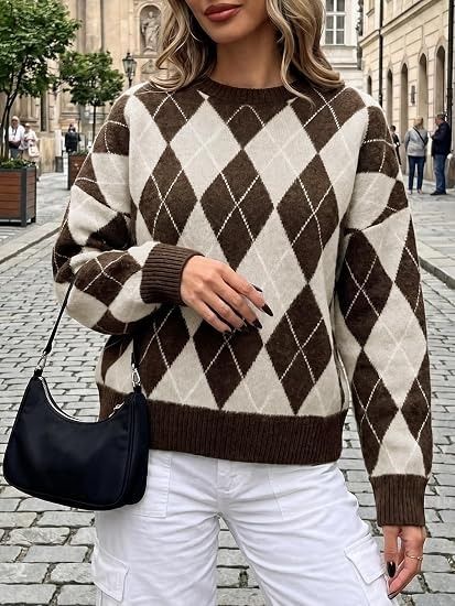 Brown And Beige Argyle Knit Sweater image 2