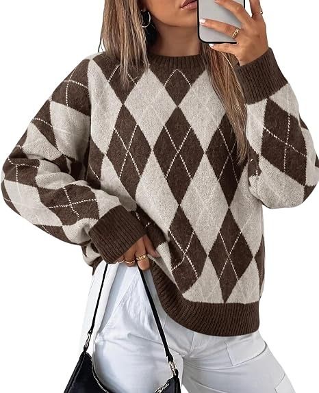 Brown And Beige Argyle Knit Sweater