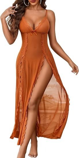 Orange Lace-Trimmed Sheer Nightgown Dress image 3