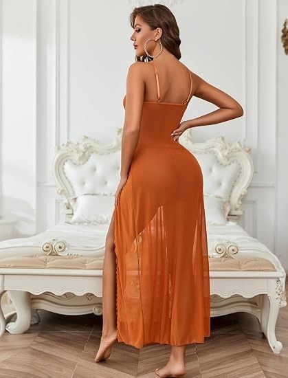 Orange Lace-Trimmed Sheer Nightgown Dress image 2