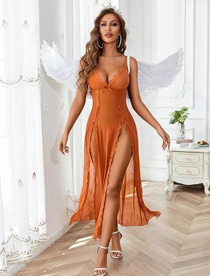 Orange Lace-Trimmed Sheer Nightgown Dress image 4
