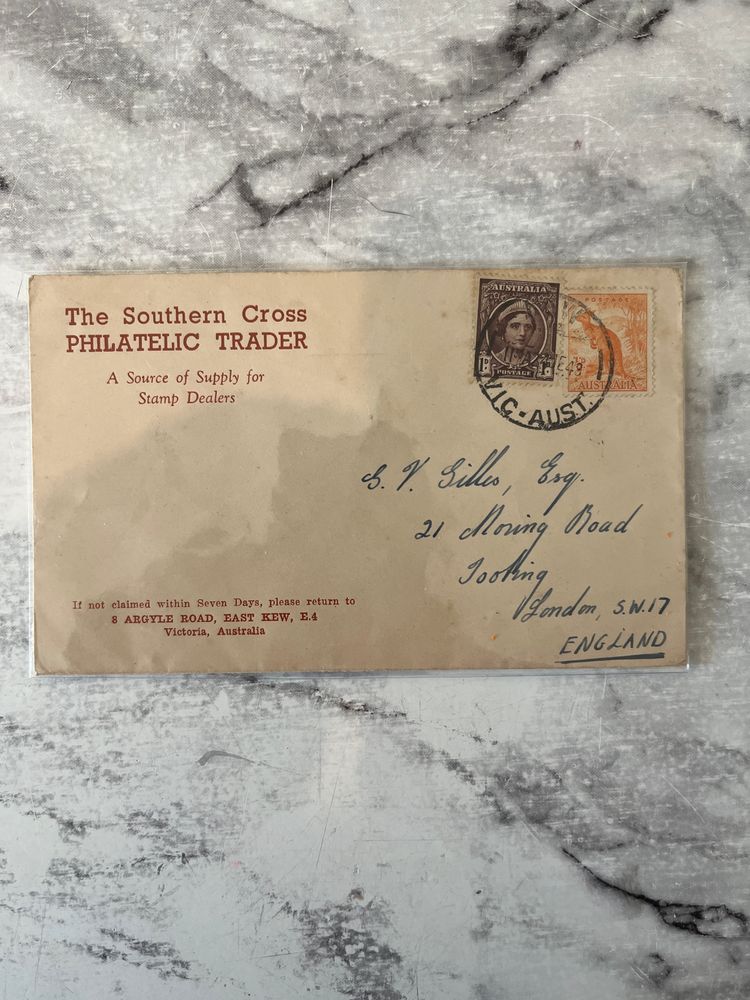 The envelope comes from "The Southern Cross Philatelic Trader" based in East Kew, Victoria, Australia, which supplied stamp dealers.