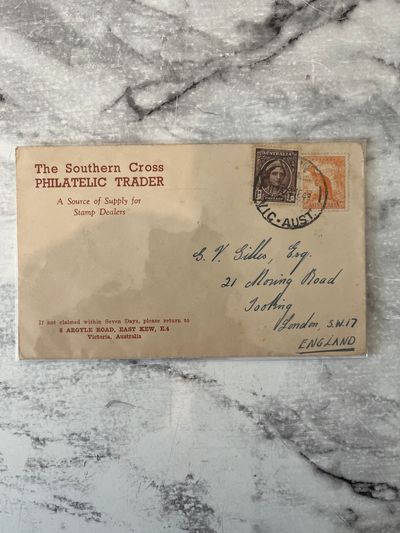 The envelope comes from "The Southern Cross Philatelic Trader" based in East Kew, Victoria, Australia, which supplied stamp dealers.