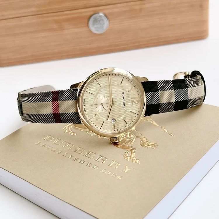 Burberry Men’s Watch Leather Multicolour Strap With Gold Dial And Gold Case BU10001 The City 7