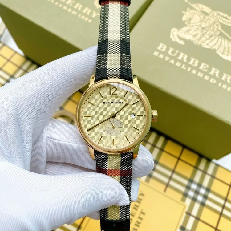 Burberry Men’s Watch Leather Multicolour Strap With Gold Dial And Gold Case BU10001 The City 9