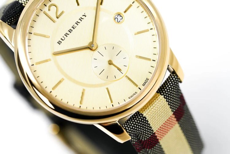 Burberry Men’s Watch Leather Multicolour Strap With Gold Dial And Gold Case BU10001 The City 6