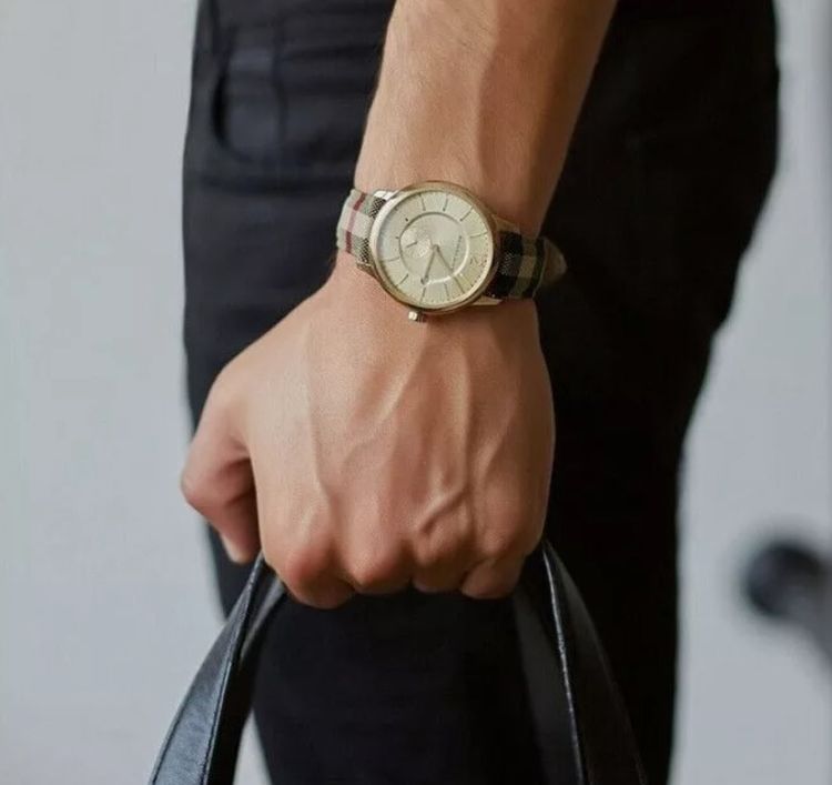 Burberry Men’s Watch Leather Multicolour Strap With Gold Dial And Gold Case BU10001 The City 10