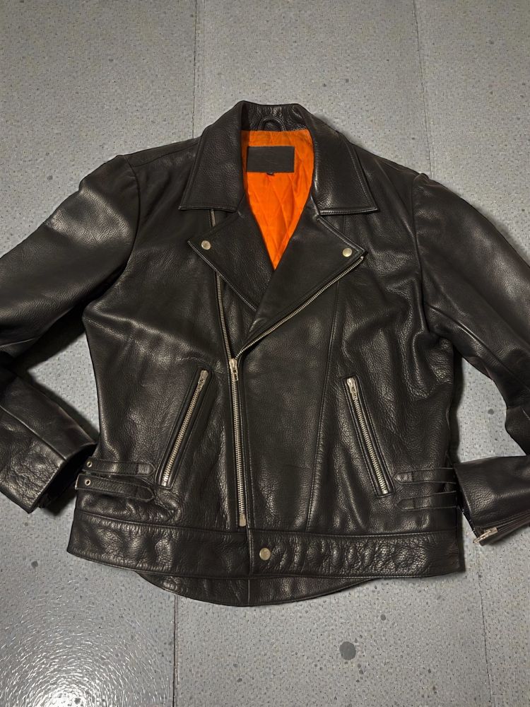 Immagine di Black Leather Biker Jacket With Orange Quilted Lining 2