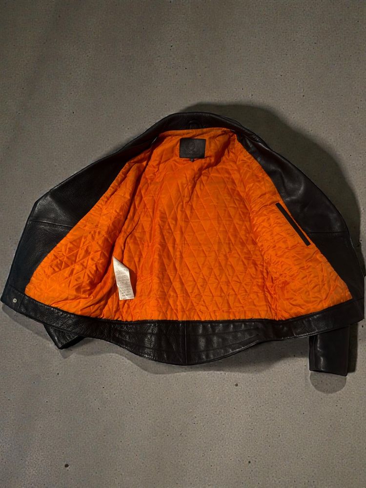 Immagine di Black Leather Biker Jacket With Orange Quilted Lining 4