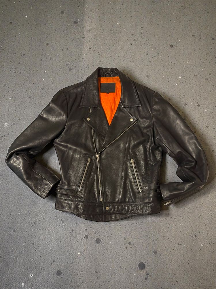 Black Leather Biker Jacket With Orange Quilted Lining