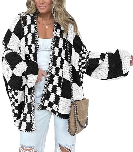 Black And White Checkered Knit Cardigan