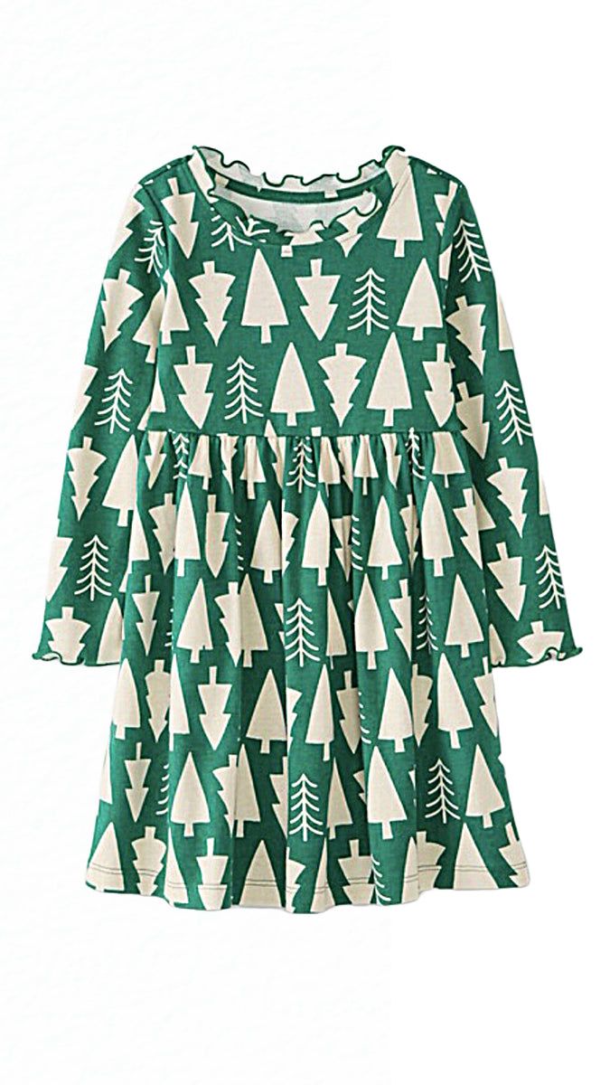 Other Girl's Holiday Festive Print Ruffle Neck Dress in Winter Green product image