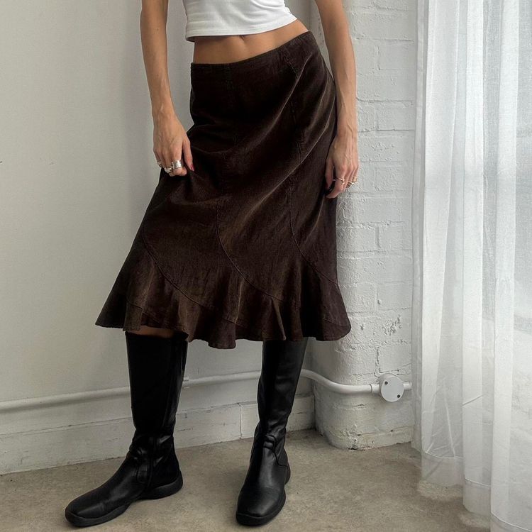 Brown Midi Skirt With Ruffle Hem