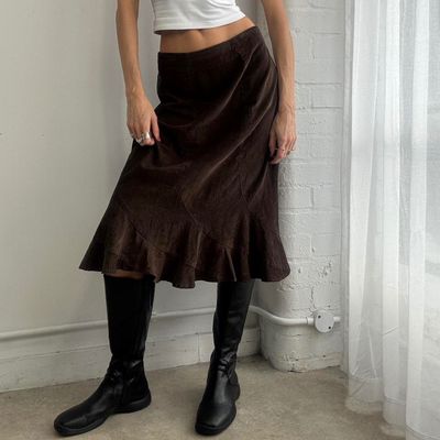 Brown Midi Skirt With Ruffle Hem
