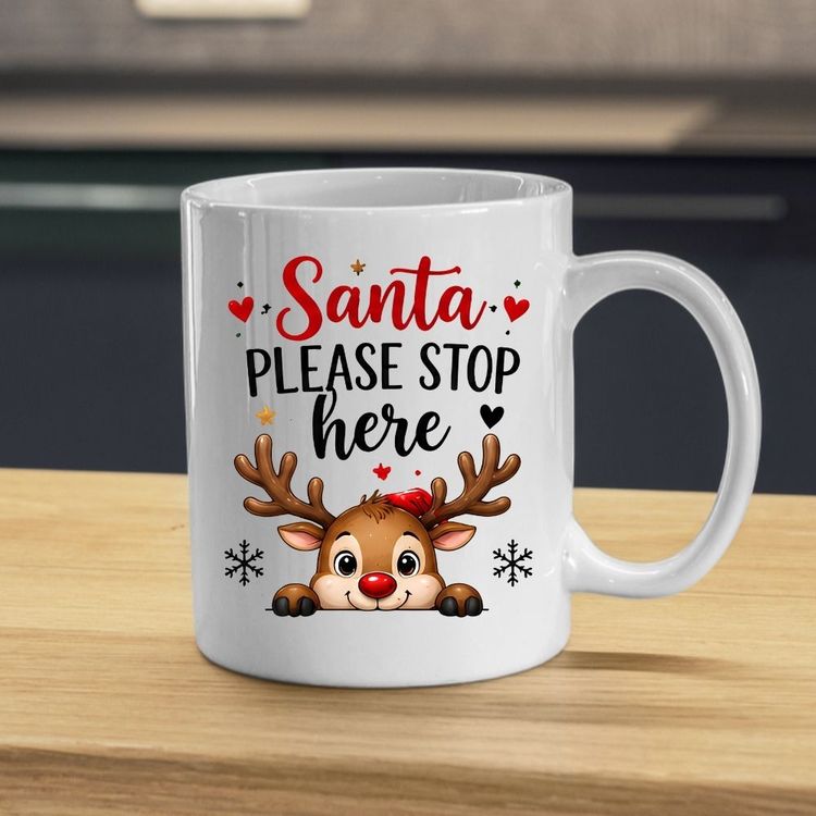 Please Festive Mug Santa Please Stop Here Reindeer Peeking 325ml Ceramic Coffee Mug – Cute Winter Holiday Tea Cup with Red Nose, Snowflakes & Hearts Gift | Available in Multicolours | Fast Dispatch by UK Seller (M1274) product image