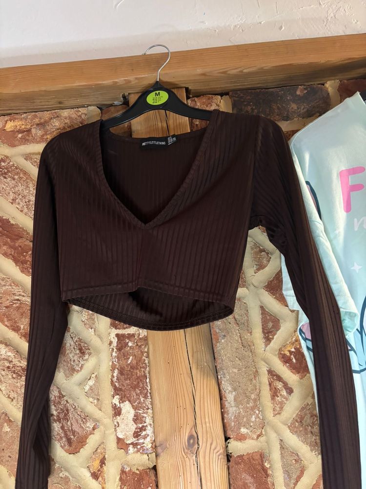 Brown Ribbed Long Sleeve Crop Top
