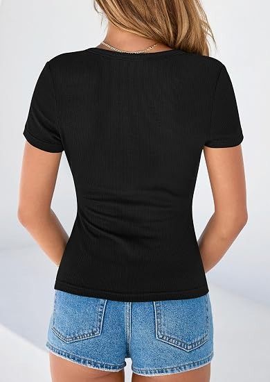 Black Short Sleeve Ribbed Henley Top obraz 4