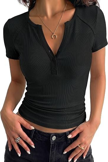 Black Short Sleeve Ribbed Henley Top obraz 2