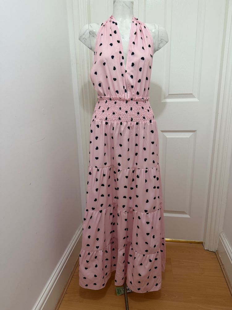 Pink Polka Dot Halter Neck Maxi Dress