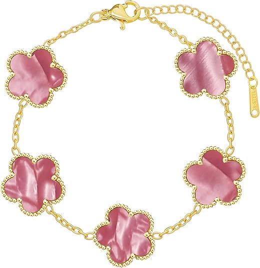 Swarovski Four Leaf Clover Bracelet for Women 18K Gold Plated Stainless Steel Lucky 4 Leaf Chain Link Adjustable Bracelets Jewelry Gift for Women/White/Black Bracelets (Gold Clover Bracelet/White) product image