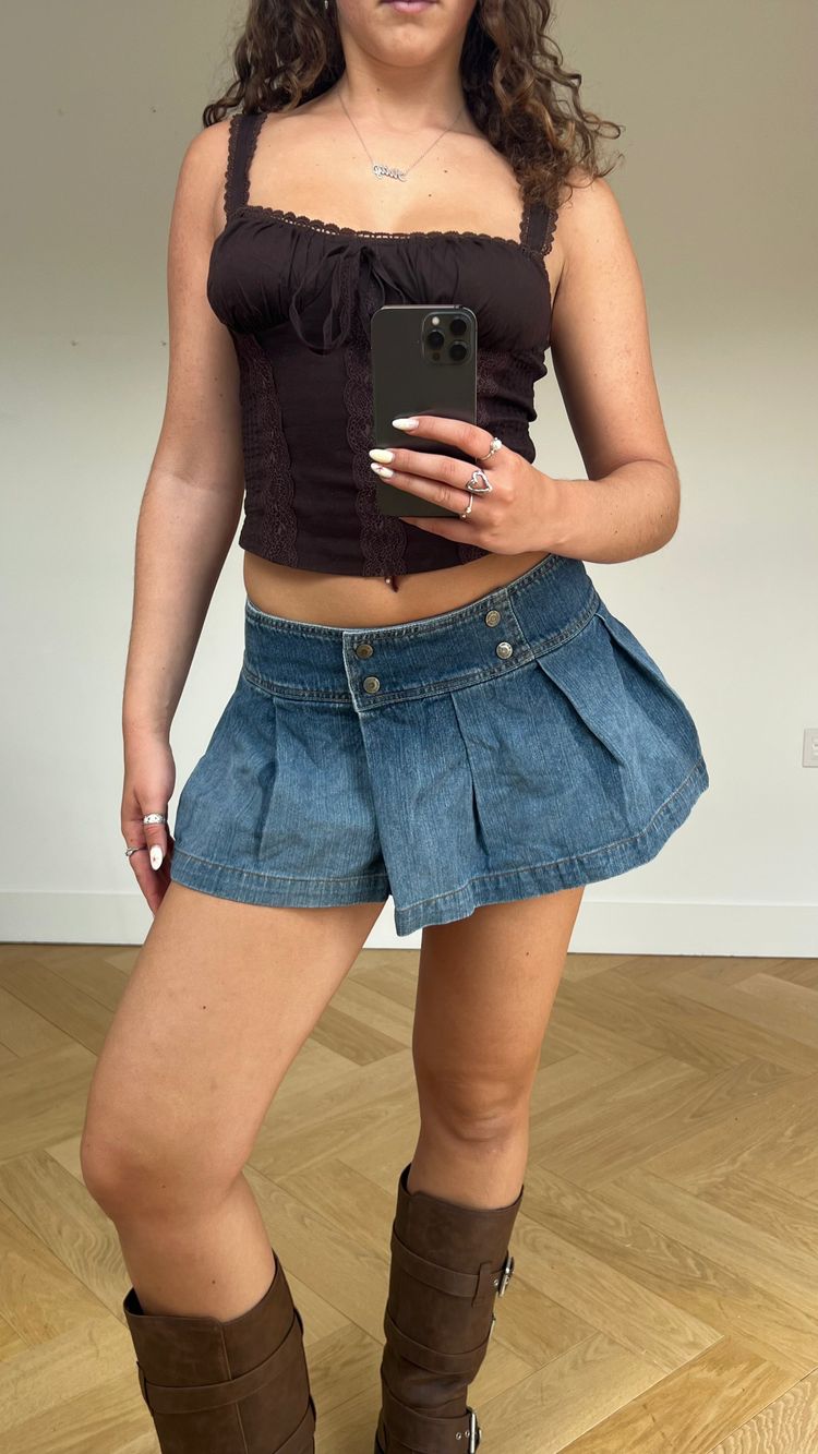 00s denim pleated mini skirt- size M image 1
