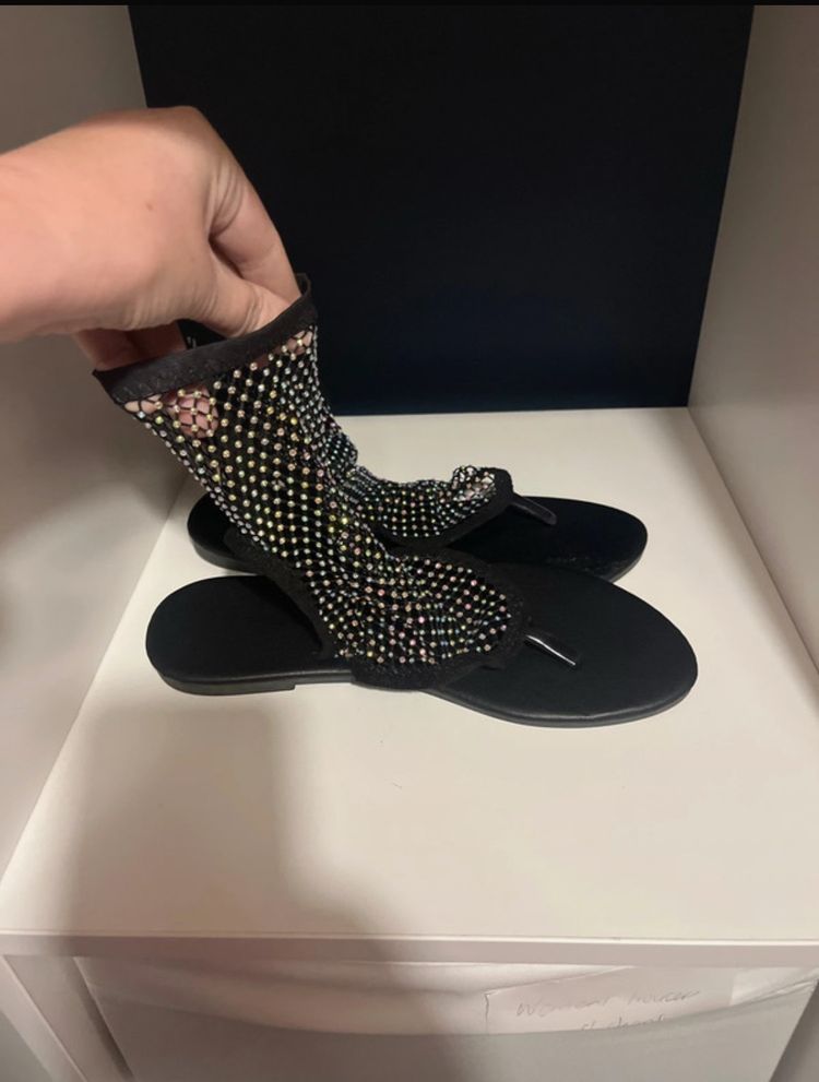 Other Black Flat Sandals With Rhinestone Mesh Ankle Cuffs product image