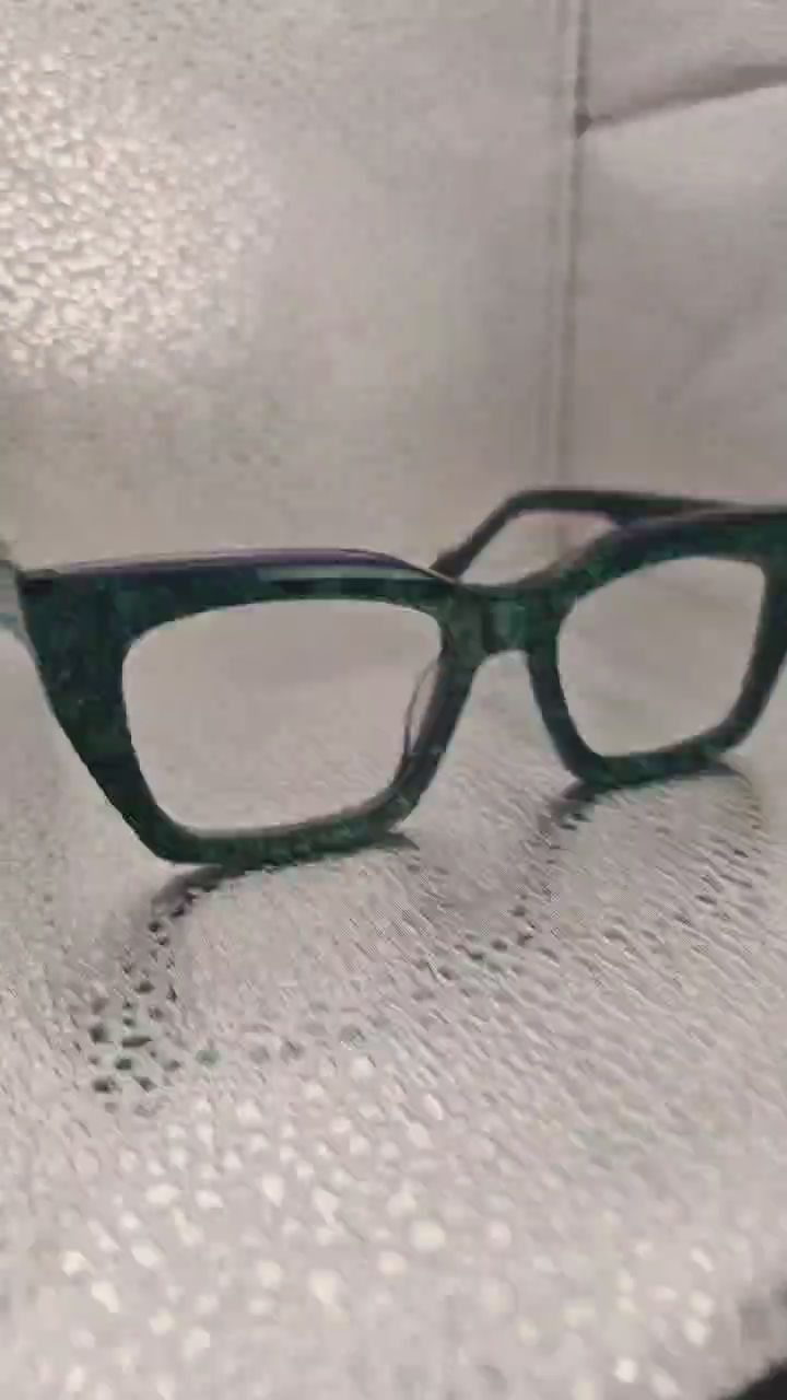 Green Marble Eyeglasses with Black Brow Bar | Squared Cat Eye Acetate Frame Unisex | 51□19-145 image 1