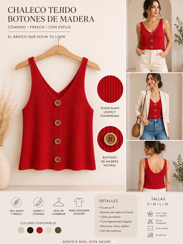 Red Knitted Vest With Wooden Buttons