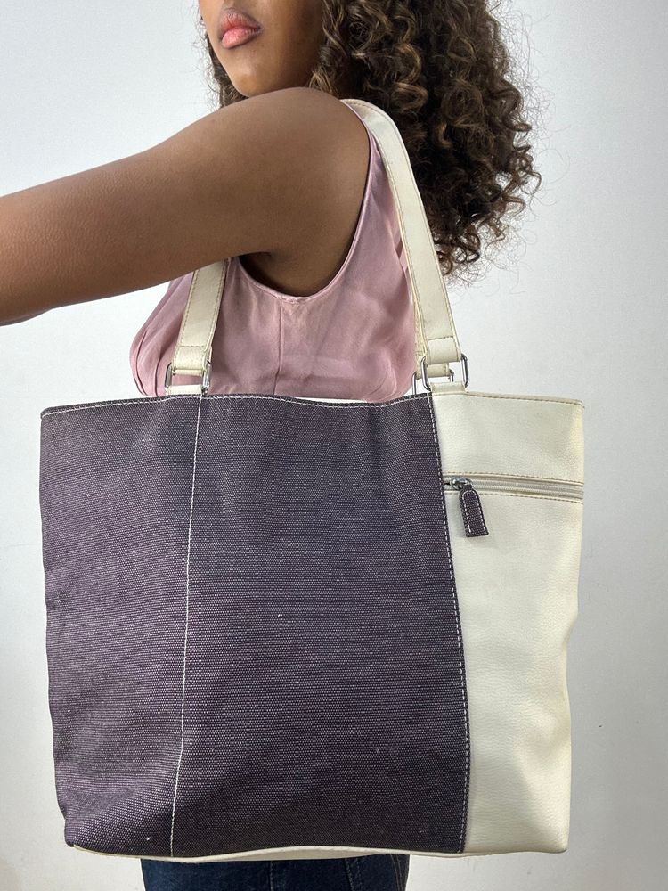 vintage edit thirty-four | white faux leather and denim shoulder bag 1