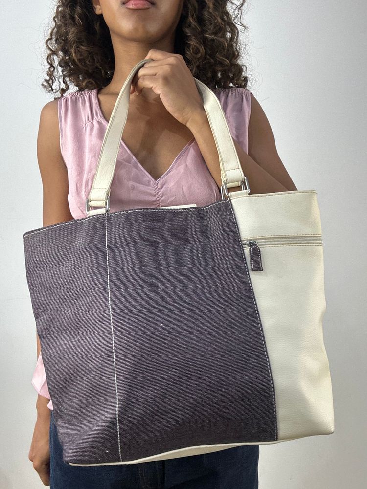 vintage edit thirty-four | white faux leather and denim shoulder bag 7