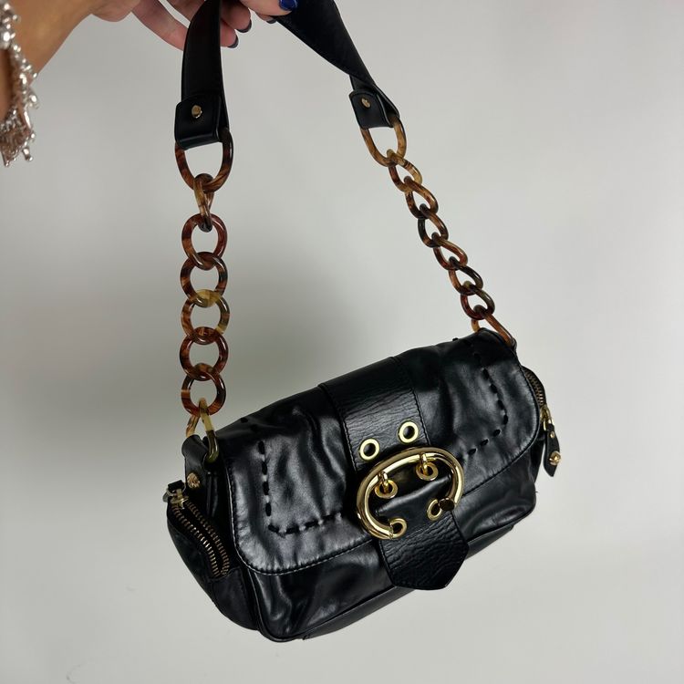 Black Leather Shoulder Bag With Gold Hardware And Tortoiseshell Chain