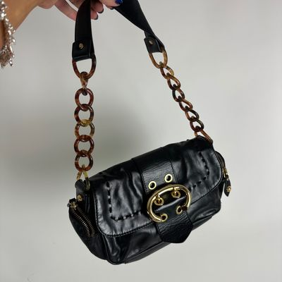 Black Leather Shoulder Bag With Gold Hardware And Tortoiseshell Chain