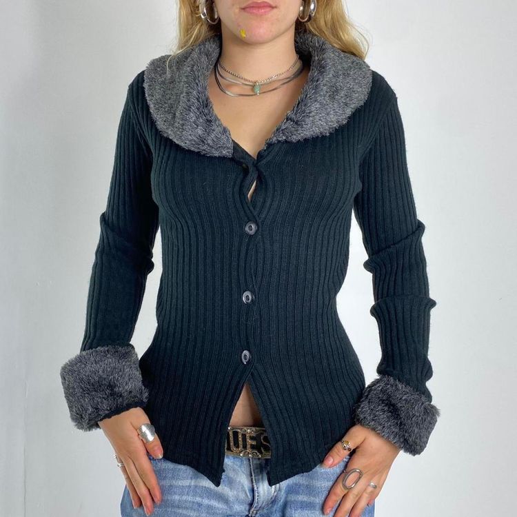black ribbed cardigan with faux fur collar and cuffs