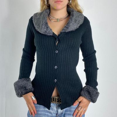 black ribbed cardigan with faux fur collar and cuffs