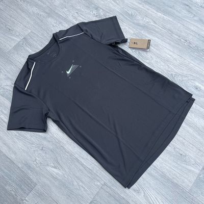 Nike Dri Fit Miler Grid Graphic Short Sleeve T-Shirt Top - Anthracite Grey