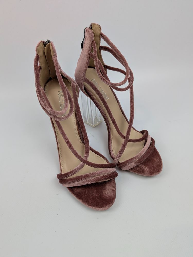 Pink Velvet Strappy High Heel Sandals With Clear Block Heels image 3