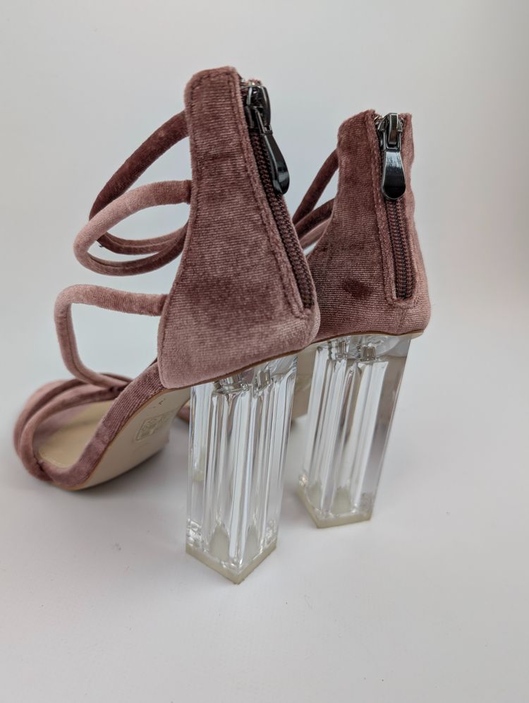 Pink Velvet Strappy High Heel Sandals With Clear Block Heels image 4