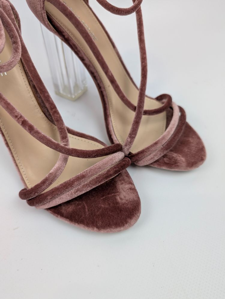 Pink Velvet Strappy High Heel Sandals With Clear Block Heels image 2