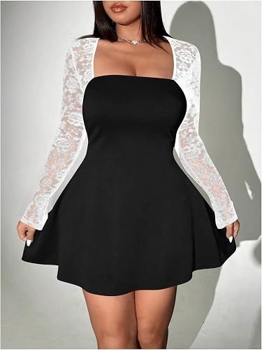 Black Dress With White Lace Sleeves imagen 4