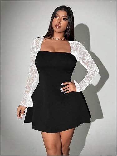 Black Dress With White Lace Sleeves imagen 3