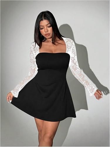 Black Dress With White Lace Sleeves imagen 2