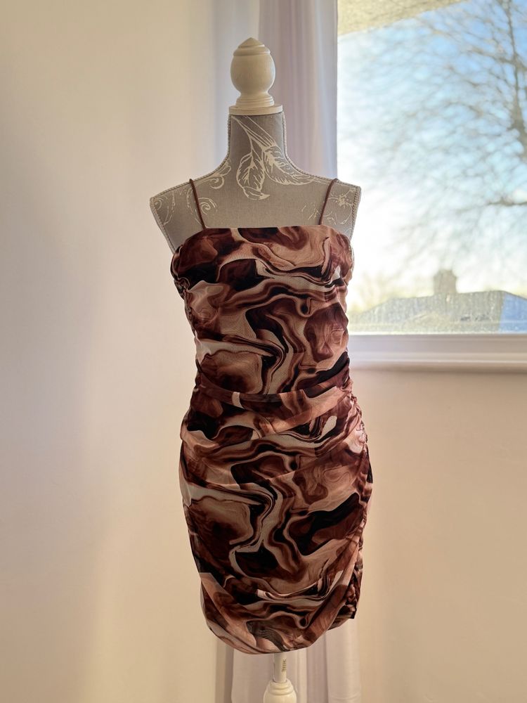 Pink Vanilla Brown Swirl Print Ruched Dress