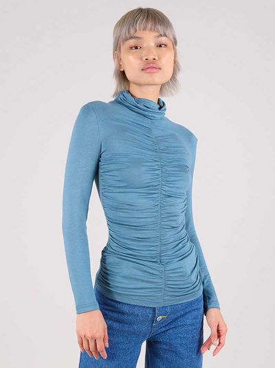 Tangle Gathered Turtleneck, Upcycled Cotton, in Turquoise