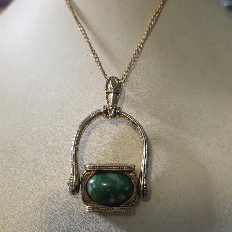 Gold-Tone Pendant Necklace With Green Stone And Egyptian Motifs image 1
