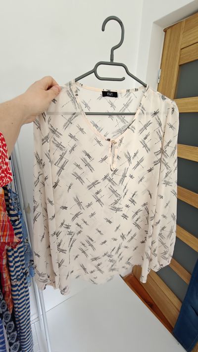 Cream Long Sleeve Blouse With Black Abstract Print
