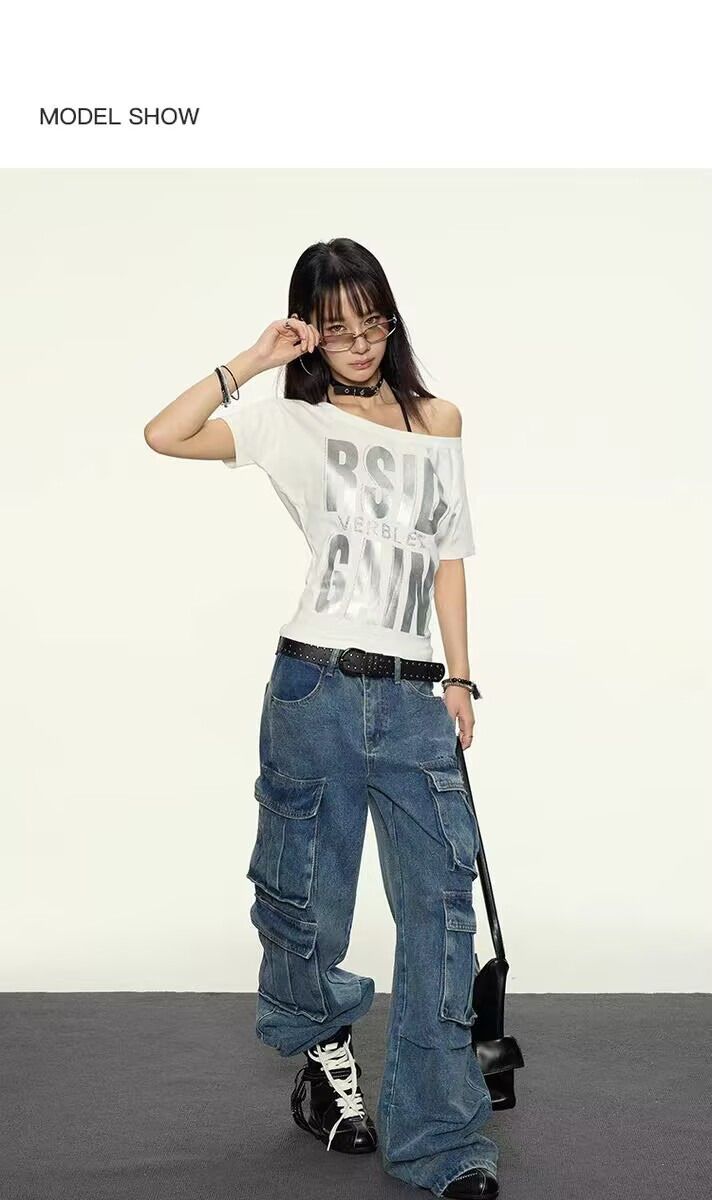 White Off-Shoulder Graphic T-ShirtPrivate high-end customization